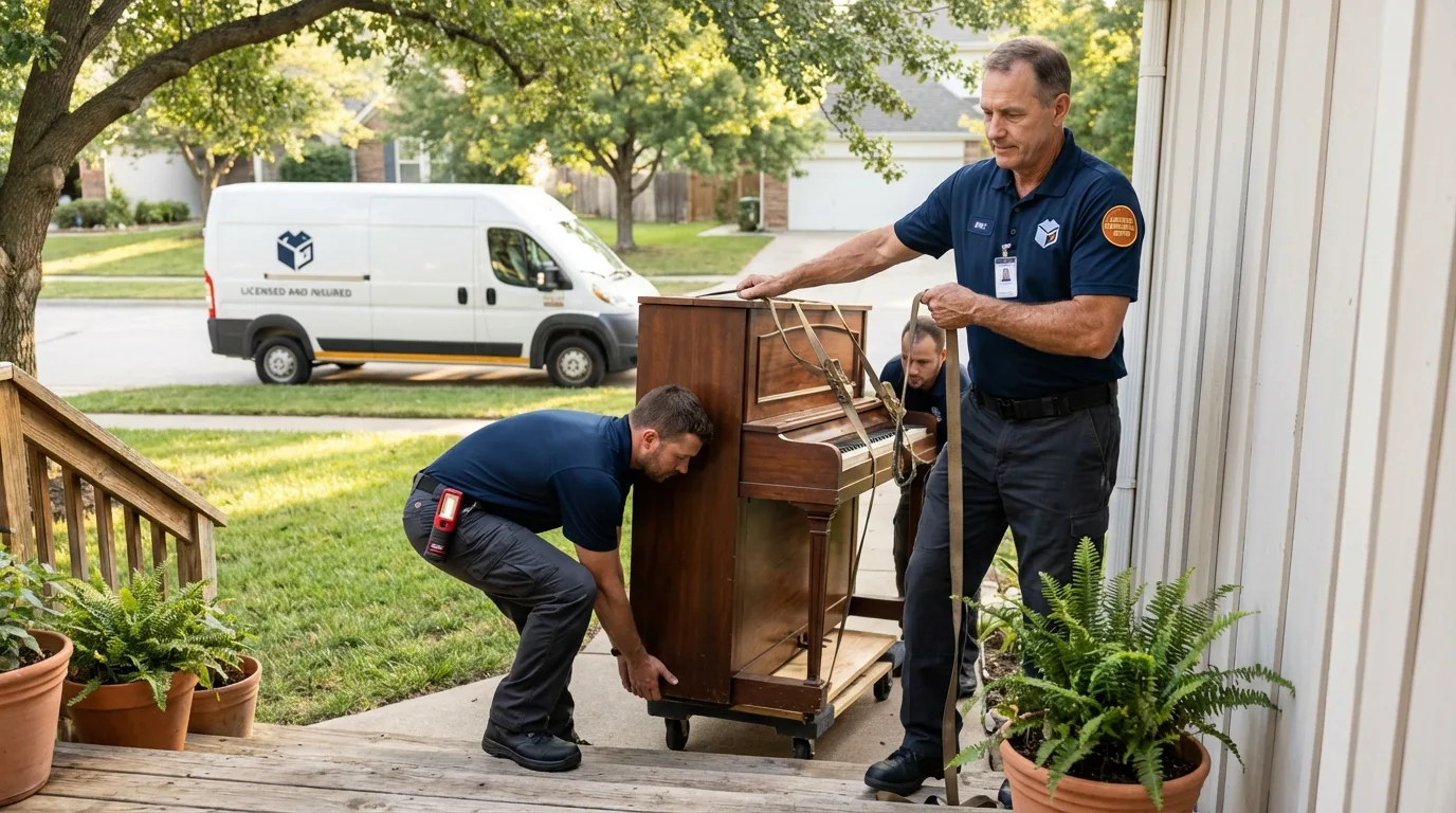 Licensed piano movers securing grand piano in Urbana, OH