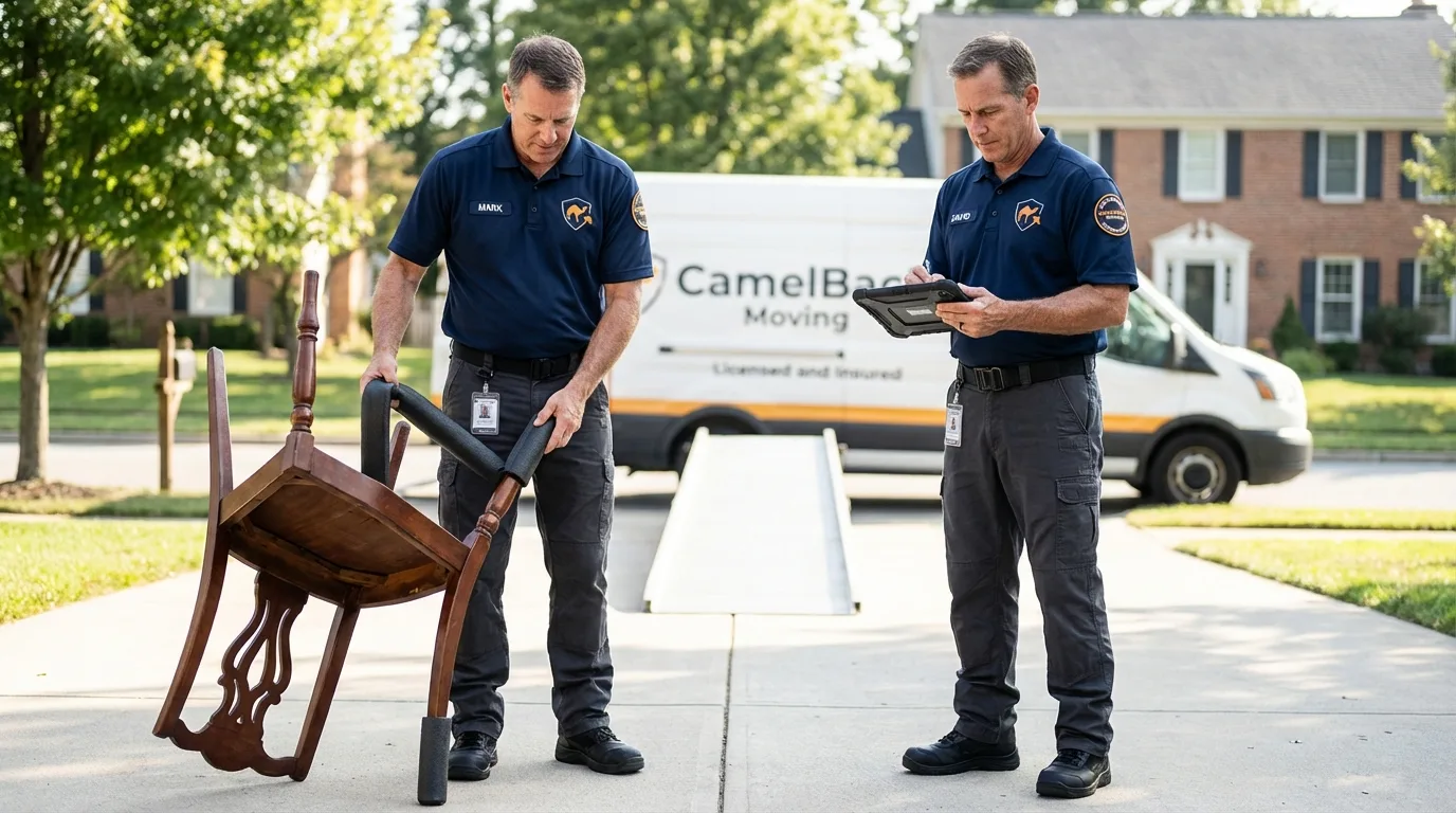 Movers inspecting furniture for damage prevention before loading in Urbana, OH
