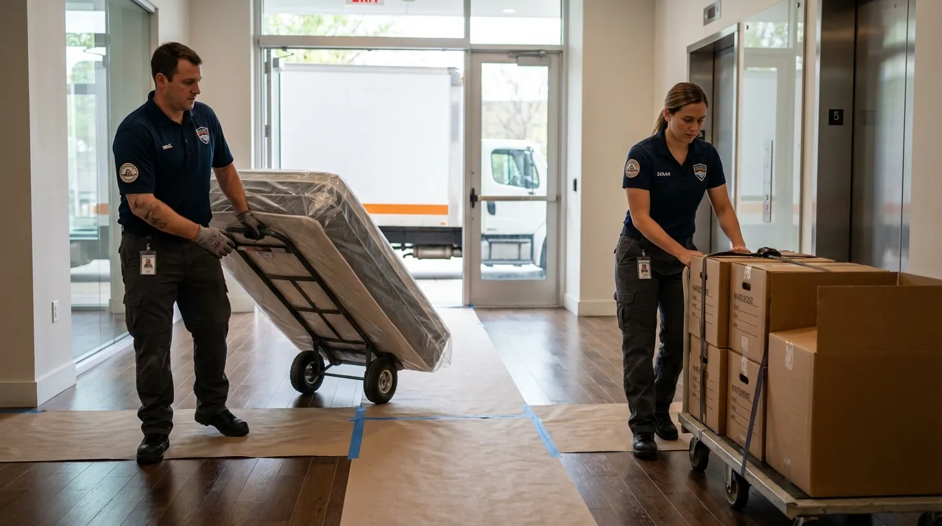 Professional apartment movers loading elevator in Urbana, OH
