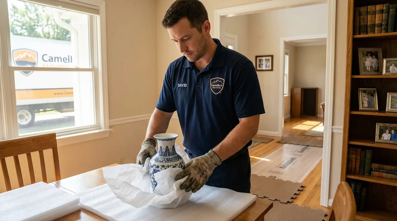 Professional crew carefully wrapping antique vase for senior downsizing move in Urbana, OH